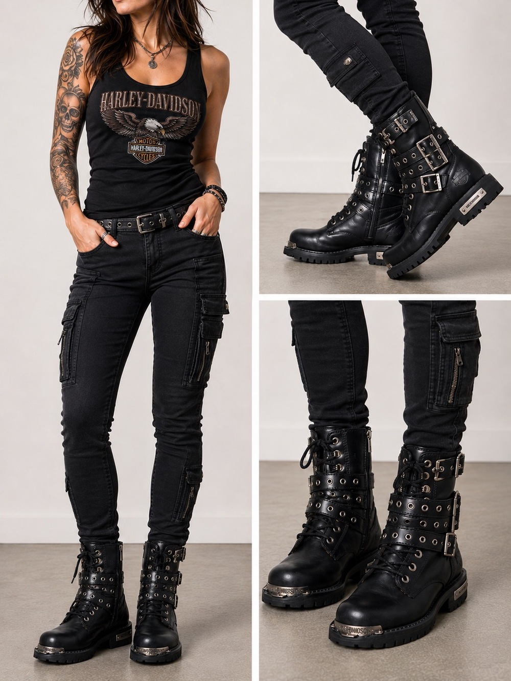 Harley-Davidson Black Leather Studded Lace-Up Moto Boots